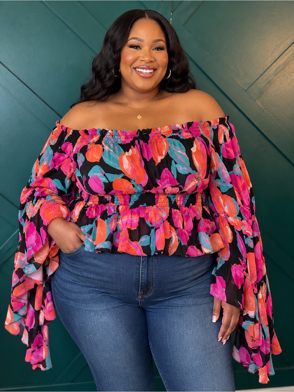 Women’s Floral Off Shoulder Peasant Blouse Boho Bell Sleeve Top Plus Size 2X